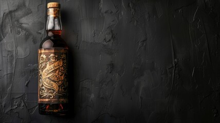 Vintage whiskey bottle on textured dark background