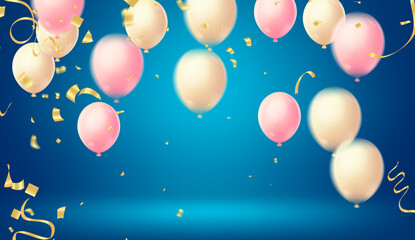 Birthday greeting vector template design. Happy birthday text in white board space with flying  balloons and confetti element. round 3d air balloons. illustration