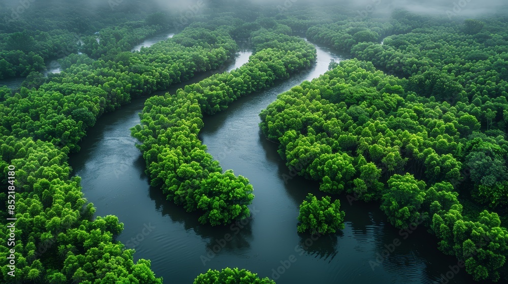 Wall mural aerial view of lush green mangrove forests with winding rivers, under a misty sky - Wall murals