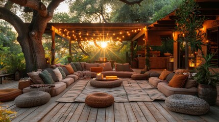 Obraz premium Cozy outdoor seating area with string lights under a tree, creating a warm and inviting atmosphere at sunset