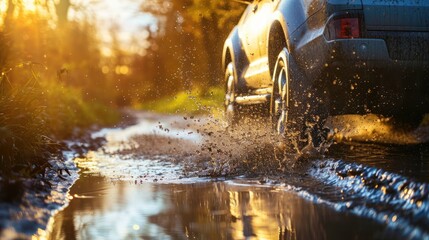 Car driving through the puddle and splashing water