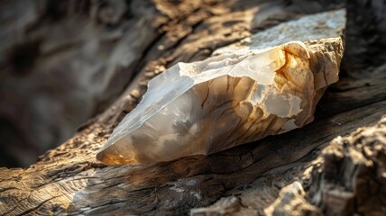 Sharp, large flint stone with rough edges on tree bark surface