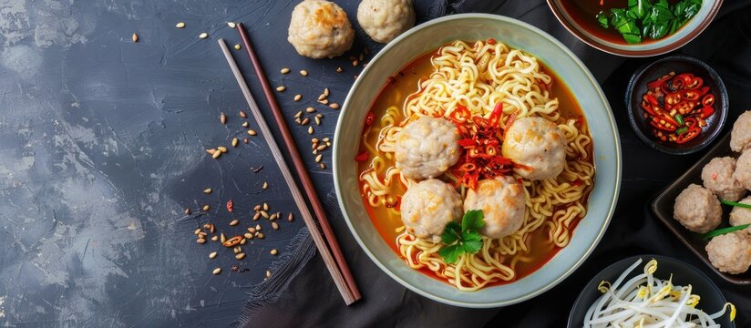 Indonesian Meatball and Noodle Soup or mie ayam baso