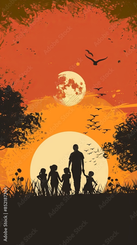 Wall mural silhouette of a happy family with children. international day of families