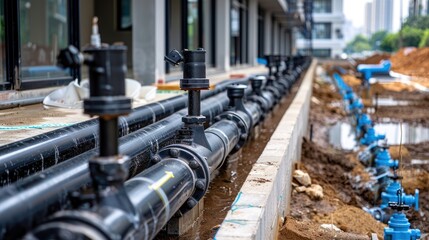 Black manage water pipe, safety and clean watering system in condominium or modern building construction