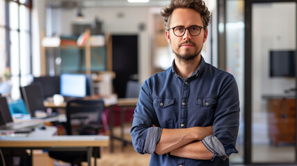 Obraz premium portrait of an American software engineer standing in modern office looking at camera, tech support worker 