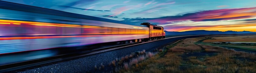 Fototapeta premium Train speeding through the countryside at sunset.
