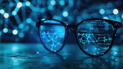 Glasses with digital overlay showcasing data connections and technology concepts