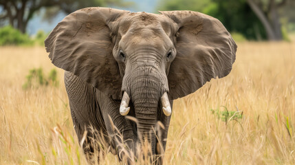 Naklejka premium A close-up of an African elephant with large ears and tusks, standing in tall, dry grass on a savanna