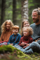 a whole family with kids meditating at the park