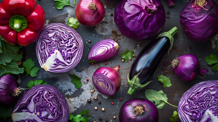 violet and purple vegetables like cabbage, eggplants, red onion