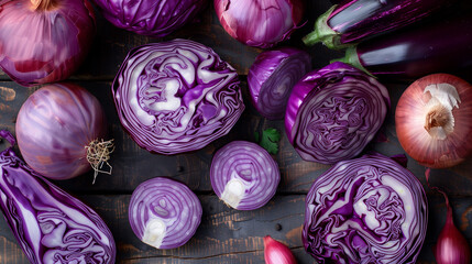 Obraz premium violet and purple vegetables like cabbage, eggplants, red onion