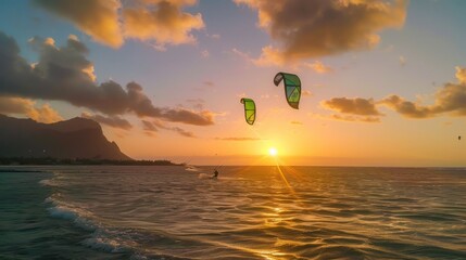 kiteboarders riding kiteboards. Active sport people and beauty in Nature concept image