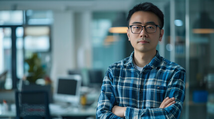 Obraz premium portrait of an Chinese software engineer standing in modern office looking at camera, tech support worker 