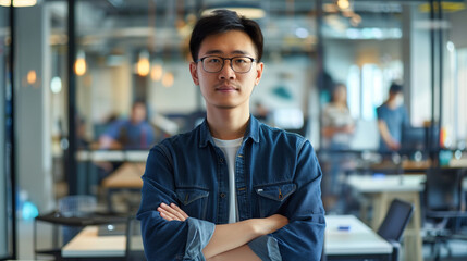 Fototapeta premium portrait of an Chinese software engineer standing in modern office looking at camera, tech support worker 