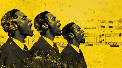 Fototapeta premium Three black men in suits singing passionately Yellow background with sheet music and cityscape illustrations