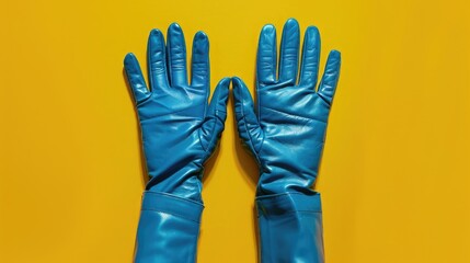 Female gloves in blue leather on vibrant yellow backdrop