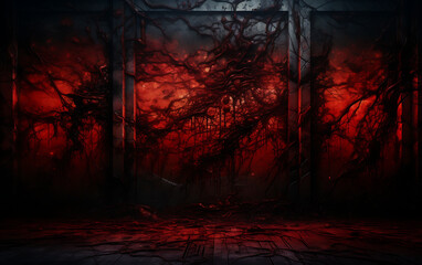 Bloody corridor in abandoned building. Horror Halloween concept. 3D Rendering