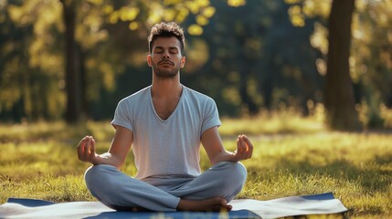 A young Latin American man practicing yoga in the morning at the park. Sitting on a mat in the lotus position with closed eyes, he meditates peacefully amidst serene natural surroundings.

