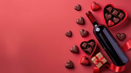 Bottle of red wine on colored background for Valentine Day with gift and chocolate