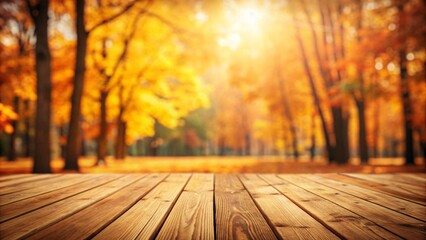 Beautiful colorful natural autumn background. Wooden flooring on the background of a blurred autumn park