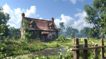 Serene Countryside Cottage with Lush Greenery and Scenic Blue Sky Peaceful Rural Scene with Quaint House, Blooming Flowers, and a Tranquil Pond Underneath a Clear Daylight Sky