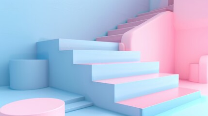 3d render, blue pink stairs, abstract background in pastel colors, fashion podium