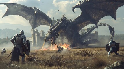 Epic medieval battle: knight vs fire-breathing dragon at the castle