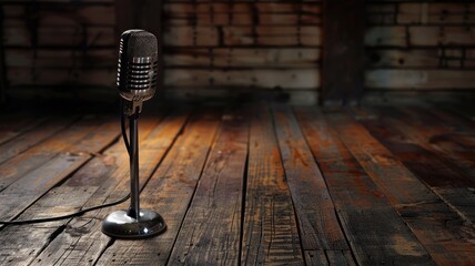 Vintage microphone on wooden stage with rustic background