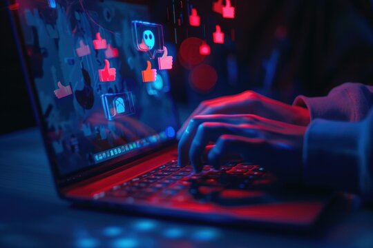 A person is typing on a laptop with a lot of social media icons, including a lot of thumbs up.