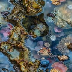 An artistic photograph of vibrant tide pools, capturing the reflections of the sky in the water and the colorful life forms below, ideal for art galleries and nature photography exhibits