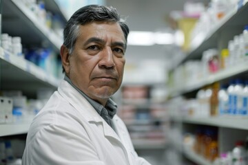 Obraz premium Portrait of a middle aged male pharmacist in a pharmacy
