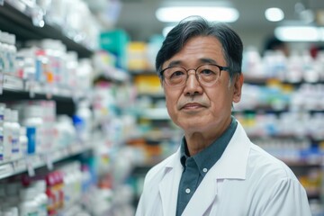 Fototapeta premium Portrait of a middle aged male pharmacist in a pharmacy