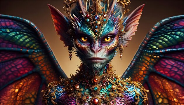 Fotograf&iacute;a, criatura m&iacute;stica, reina, rey, drag&oacute;n, joyas, escamas, majestuoso, detallado, colores vibrantes, arte digital, surrealismo, m&aacute;gico, deslumbrante, elegante, m&iacute;stico, extraterrestre