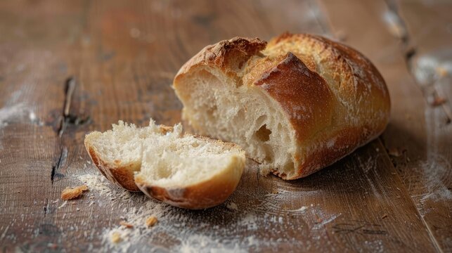 Partially consumed bread on a wooden surface with a cut piece missing a bite