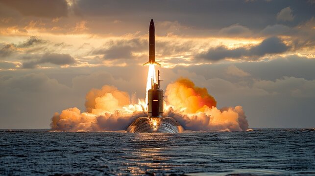 A ballistic missile launches from a submerged submarine, leaving a trail of smoke and fire against a fiery sunset sky