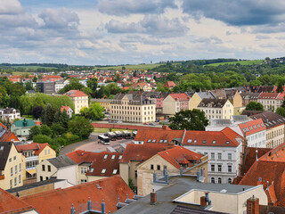 Blick vom Rathausturm über die Stadt, Rathaus Döbeln am 31. Mai 2024, Landkreis Mittelsachsen, Sachsen, Deutschland	