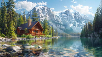 Naklejka premium Idyllic Lakeside Cabin in the Rockies