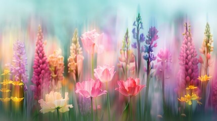 Blurred background featuring spring flowers in an abstract landscape