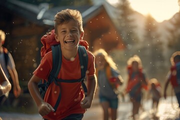 Portrait of a happy child immersed in a summer camp atmosphere filled with joy and fun