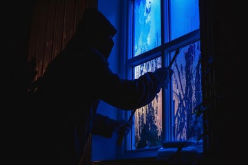 Silhouette of a burglar attempting to break into a house through a window at night