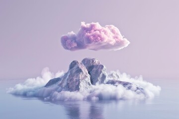 Floating island adventure magical sky travel with pink cloud reflection in water landscape beauty view