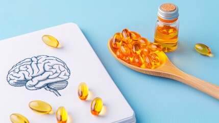 Fish oil capsules with omega 3 in a wooden spoon. Omega 3 benefits for brain