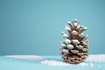 A pinecone dusted with snow on colored background