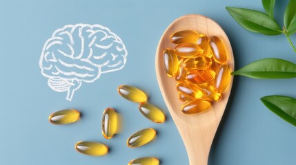 Fish oil capsules with omega 3 in a wooden spoon. Omega 3 benefits for brain