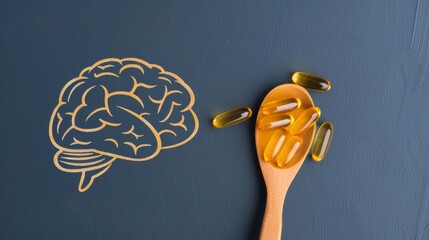 Fish oil capsules with omega 3 in a wooden spoon. Omega 3 benefits for brain