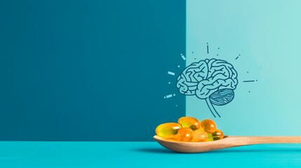 Fish oil capsules with omega 3 in a wooden spoon. Omega 3 benefits for brain