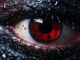 a close up of a red eye with blood on it