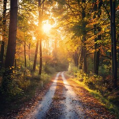 Obraz premium Forest Road sun shining through trees on a road