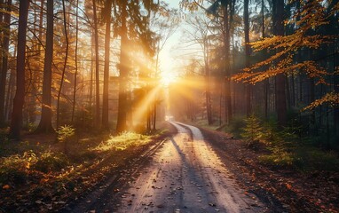 Obraz premium Forest Road sun shining through trees on a road